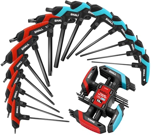SHALLJeu de 14 clés hexagonales à poignée en T, 7 clés métriques et 7 clés Torx avec support de rangement pour la réparation de vélos de voiture, le bricolage,...