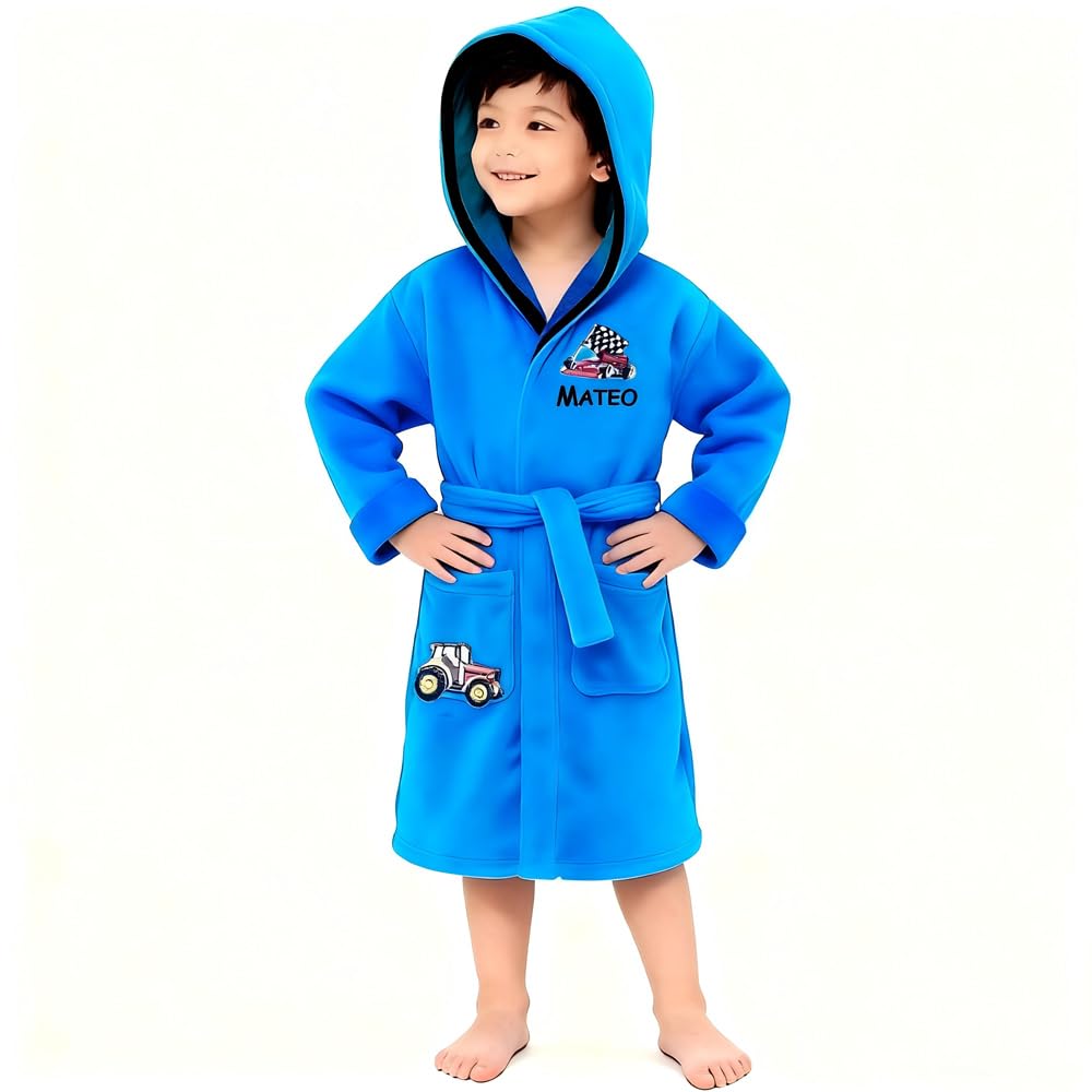 FEETOO Custom embroidered name car cartoon pattern boys children bathrobe blue robe