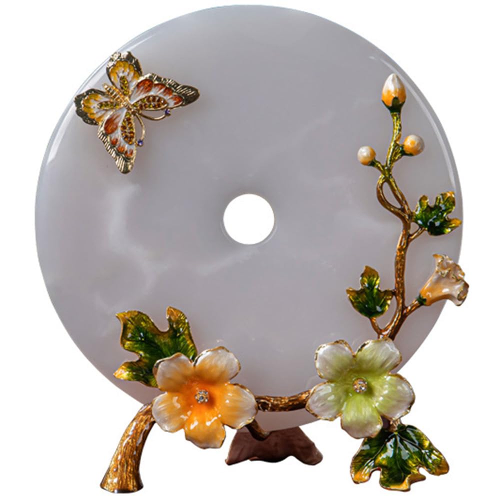 Naturalnie kwitnący jadeit Cloisonné kwiatowy wystrój Feng Shui z kryształową podstawą, ręcznie wykonana emaliowana sztuka harmonii dla domu i biura w chińskim stylu