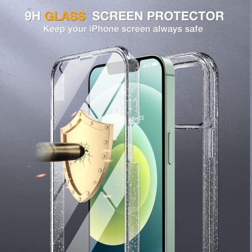 Image of Miracase Glass Series for iPhone 12 /12 Pro Case 6.1 inch, Upgraded Full-Body Rugged Phone Bumper Case Cover with Built-in 9H Tempered Glass Screen Protector and Camera Protector, Clear Glitter