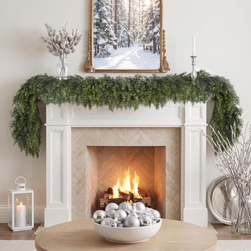 Image of Hananona 6FT Artificial Cedar Garlands, 2Pcs Real Touch Soft Cedar Pine Garland, Winter Artificial Greenery Garland for Fireplace Mantel Staircase Porch Table Indoor Home Decor (2, Dark Green, 6FT)