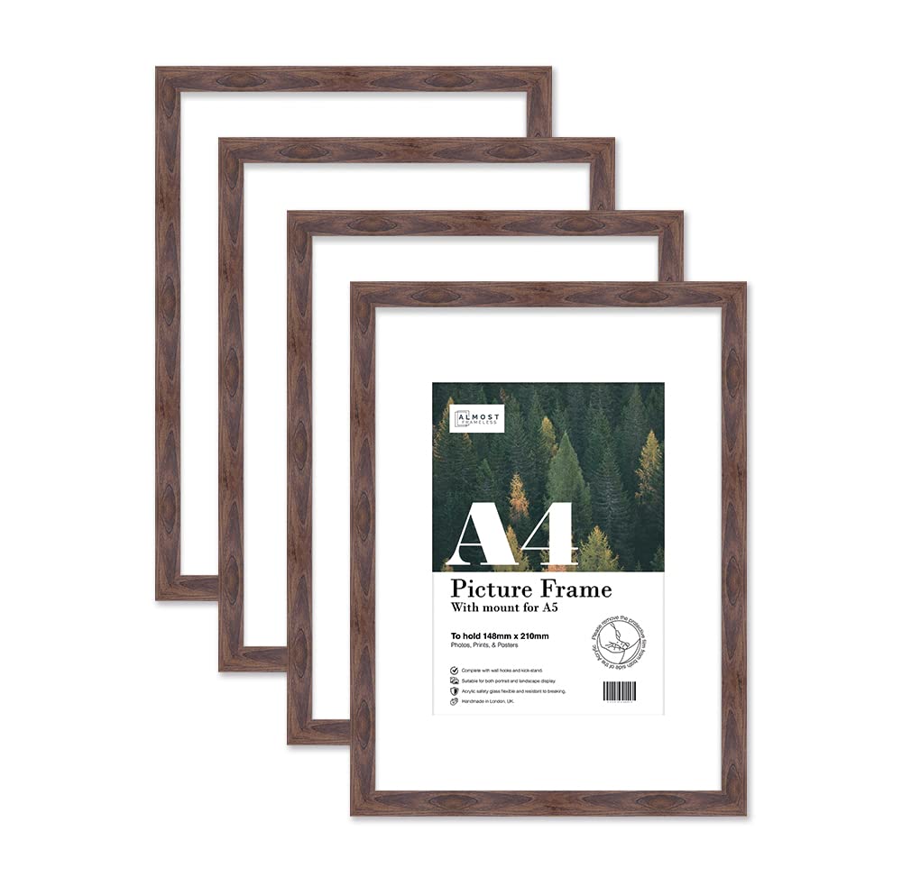 Almost Frameless A4 Walnut Picture Frame Set of 4, Display A5 Pictures with Mount or A5 Without Mount Gallery Wall, Poster, Photo, Artwork, or Print, Walnut