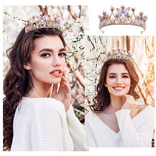 Image of RENESMEE Crystal Tiara Crown Pearl Princess Costume Crown Headband Flower Pageant Handmade Hair Accessories Cosplay, Birthday, Celebration for Girl Women