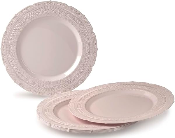 OCCASIONS FINEST PLASTIC TABLEWARE " OCCASIONS " 50 Plates Pack (25 Guests)-Extra Heavyweight Vintage Wedding Disposable/Reusable Plastic Plates -25 x 11'' Dinner + 25 x 8.25'' Salad/dessert (Chateau Blush Pink) in use