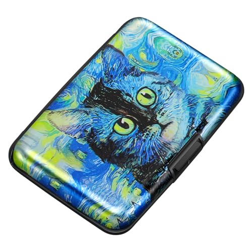 Image of ELFISH Mini RFID Aluminum Wallet Credit Cards Holder Business Card Case Metal ID Case for Men Women(Blue Cat)