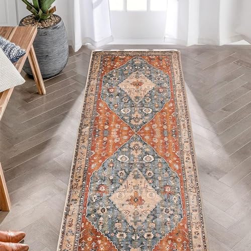 Boho Washable Runner Rug, 2x6FT Hallway Bohemian Vintage Non-Slip Entryway Throw Rug Faux Wool Machine Washable Low-Pile Floor Carpet Runner for Kitchen Laundry Living Bedroom Bathroom