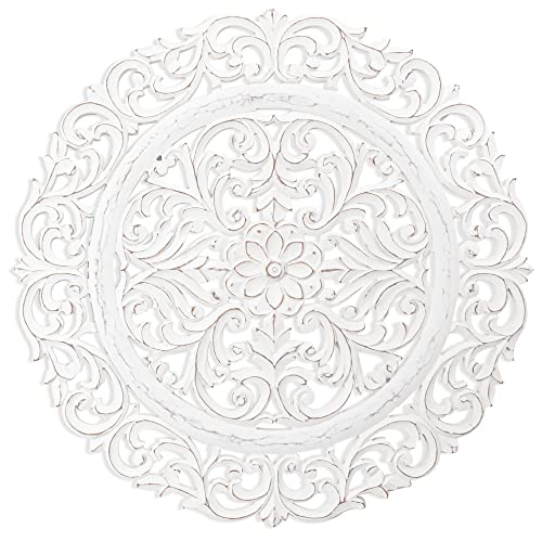 JFY Designs | Iris Wall Hanging Medallion | Wooden Handcrafted Wall Art | Floral Farmhouse Wall Decor for Your Office or Home | Round 36x36 | White