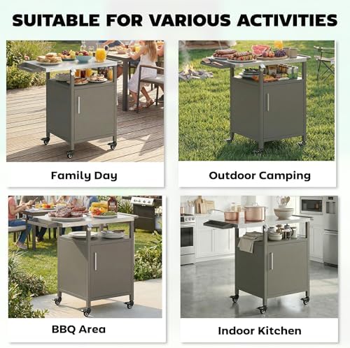 Outsunny Outdoor Grill Cart with Stainless Steel Tabletop for Kitchen Prep, Pizza Oven Stand with Cabinet, Spice Rack, Towel Holder, Bottle Opener, BBQ Stand on Wheels, Brown — view 7
