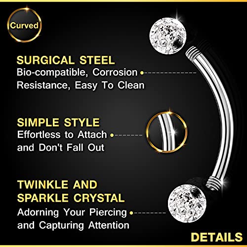 2PCS Surgical Steel Curved Barbell Ring 16g 5/16 8mm 3mm Crystal Ball Helix Earrings Eyebrow Piercing Jewelry Choose Colors (2pcs 8mm Clear)3