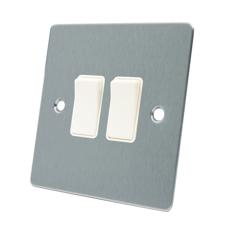 AET FSC2GSWIWH 10 A 2-Gang 2-Way Satin Chrome Flat Double Light Switch with White Insert Plastic Rocker Switches
