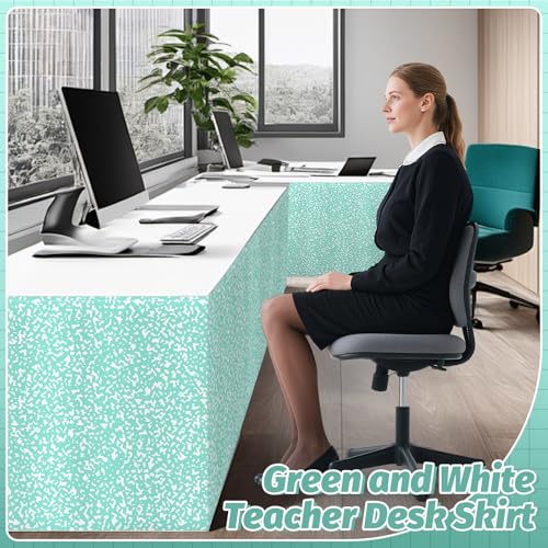 Image of 9FT Green and White Composition Table Skirt Teacher Desk Skirt for Composition Notebook Classroom Decor Rectangle Table Cover for Back to School Party Supplies Kindergarten Office Bookcase Cabinet