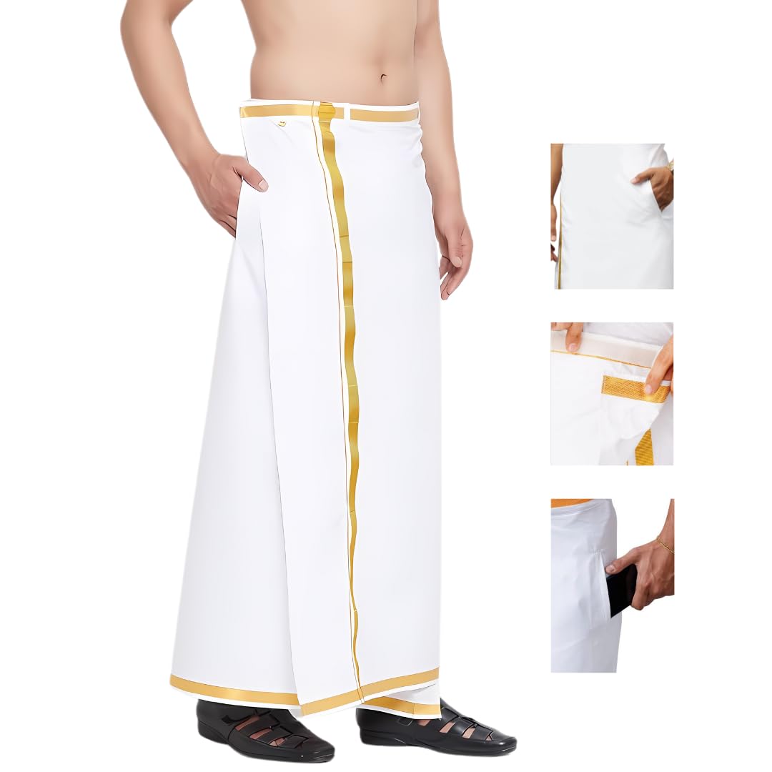 Adjustable Velcro 28 to 42 Inches Mens Cotton White Pocket Dhoti with Gold Zari Border-image-18