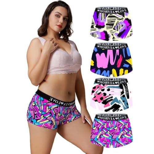 Morvia Women's Plus Size Boxer Briefs, 4 Pack, Heart and Lip Print, Colorful Design, Comfortable Stretchy Elastic Waistband 4X Pink Graffiti