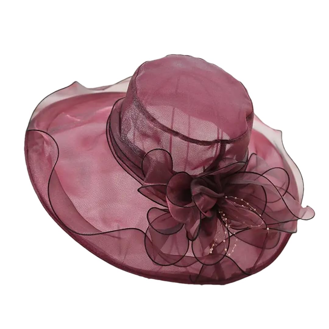 Sombrero de ala ancha para mujer, para verano, al aire libre, vacaciones, playa, casual, moda, elegante, flor de organza, iglesia