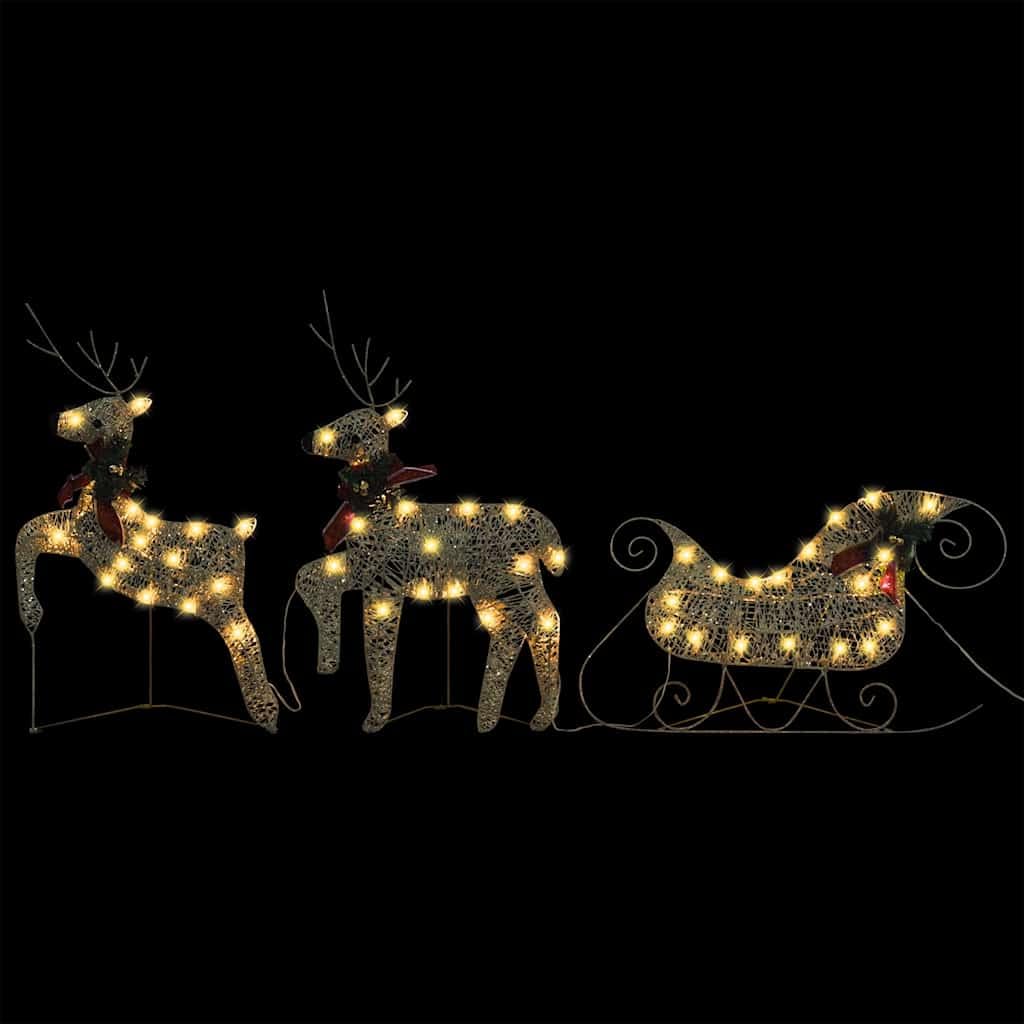 Weihnachtsdeko Rentier und Schlitten mit 60 LEDs goldene Weihnachtsbeleuchtung für Außenbereich und Innenbereich wetterfester Metallrahmen mit Mesh-Gewebe USB-Anschluss energiesparend Garten