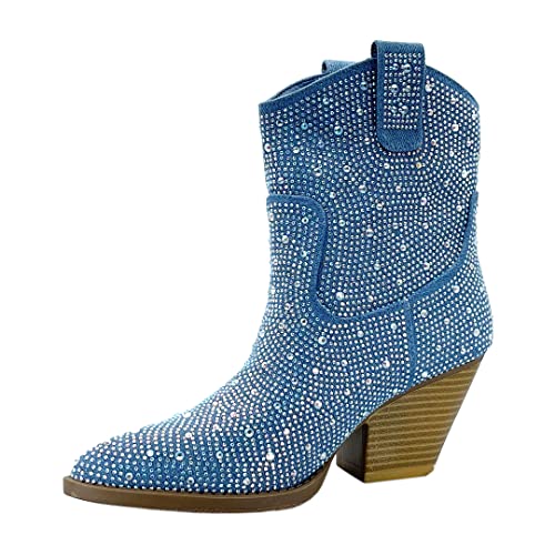 Image of ABSOLEX Women Western Cowgirl Cowboy Pointed Toe Rhinestone Ankle Booties