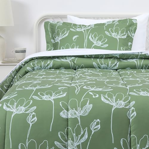 Image of Amazon Basics Lightweight Microfiber Comforter Set, 5-Piece, Bed-in-A-Bag, Twin /Twin XL, Green Floral