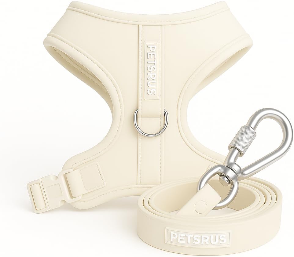 Matching Dog Harness Leash Set Adjustable No Pull Front Clip Rose Gold Beige Neoprene Fur Trim Easy Clean Screw Lock Security (Vanilla Cream - Silver, L: Neck=16.5-22''/Chest=22.4-32.7'')