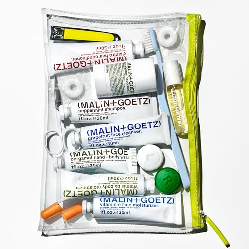 AmazonUs/208TP MALIN+GOETZ Best-Sellers Travel Kit | Six Everyday Essentials for Face, Body + Hair | Grapefruit Face Cleanser, Vitamin E Face Moisturizer, Peppermint Shampoo + More | Vegan, Travel-Friendly(6 x 1 oz)