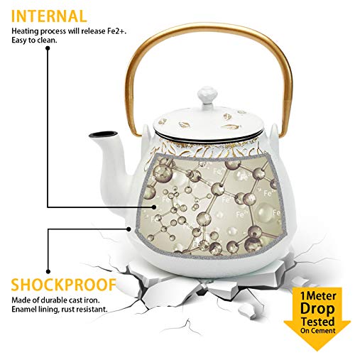 Tea Kettle, TOPTIER Japanese Cast Iron Teapot with Infuser for Loose Leaf and Tea Bags, Stovetop Safe Cast Iron Tea Kettle Coated with Enameled Interior for 40 oz (1200 ml), White