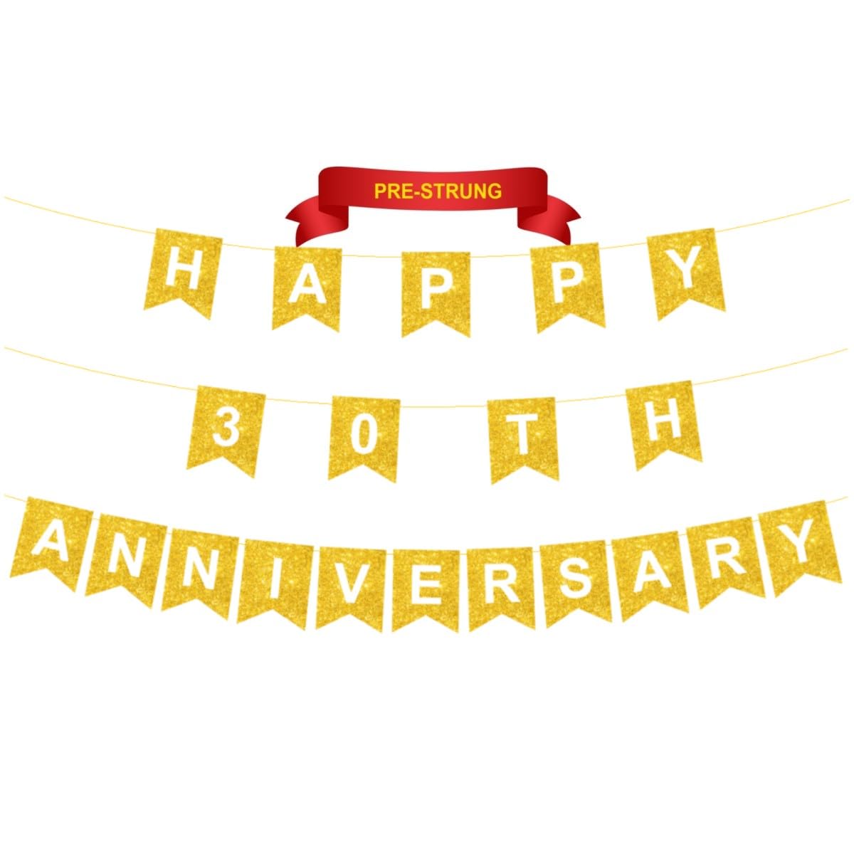 HAPPY 30TH ANNIVERSARY Banner, PRE-STRUNG, Gold Glitter 30th Anniversaro Decorations & Decor, Happy 30 Year Wedding Anni Party Bunting Backdrop,