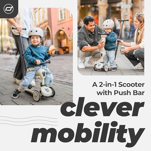 Scoot & Ride Highwaykick 1 Push and Go - Laufrad & Kinderroller 2in1 mit Schiebestange, h&ouml;henverstellbar, ab 1 Jahr, mit Safety Pad & Fu&szlig;rasten, Farbe: Ash