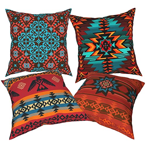 Aztec Native American Throw Pillow Covers 18X18 Southwestern Mexican Accent Rustic Outdoor Decorative Pillowcases Christmas Cushion Covers For Couch Home Red Decor, Set Of 4, Double Side Print #TOP6