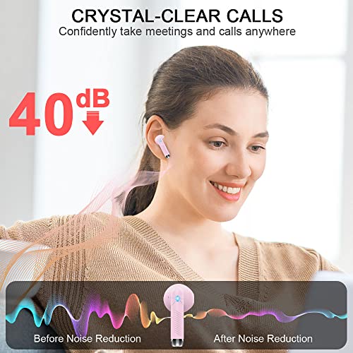 Image of Wireless Earbuds, Bluetooth Headphones, Stereo Bass Ear Buds with ENC Noise Cancelling Mics,42H Bluetooth Earbuds with LED Display Charging Case, IP7 Waterproof Earphones for Android iOS /Light pink