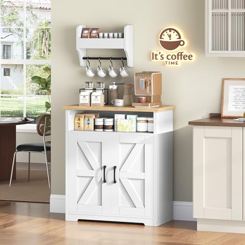 YATINEY Coffee Bar Cabinet, Kitchen Island with Storage, Farmhouse Sideboard Buffet Cabinet with Dual-Purpose Floating Shelf and Hooks, for Kitchen Living Room, White and Natural KF22WN - Buffets & Sideboards - view 1