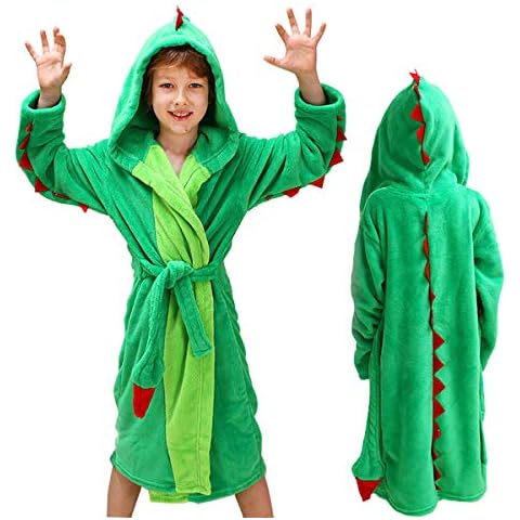 lontakids Kids Boys Dinosaur Flannel Hooded Bathrobe Soft Animal Sleepwear Robe (Green, Medium/6-8Y) Cover