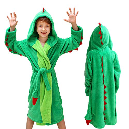 Kids Boys Dinosaur Flannel Hooded Bathrobe Soft Animal Sleepwear Robe (Green, Medium/6-8Y) #TOP19