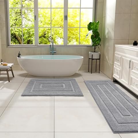HOMORE Grey Bathroom Rug 2 Set of 24x36 Inch and 24x60 Inch Long Bathroom Runner Rugs, Super Absorbent and Non Slip Cover