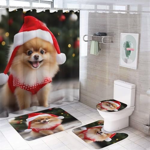 4 Piece Bathroom Rug Set with Shower Curtain Pomeranian Dog Wear Santa Hat with Rugs Include Waterproof Shower Curtain Non-Slip Rug Toilet Lid Cover Bath Mat Dog Lover Gifts Bathroom Accessories Set