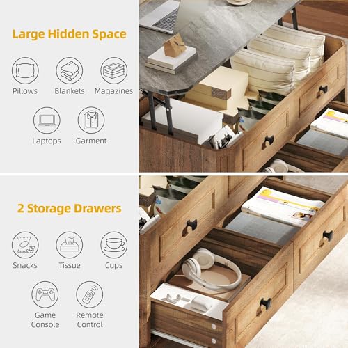 DWVO Lift Top Coffee Table with Storage, Farmhouse Wood Central Table w/Large Hidden Compartment, 2 Storage Drawers, Lift Tabletop Dining Table for Living Room, Reception Room, Rustic Brown