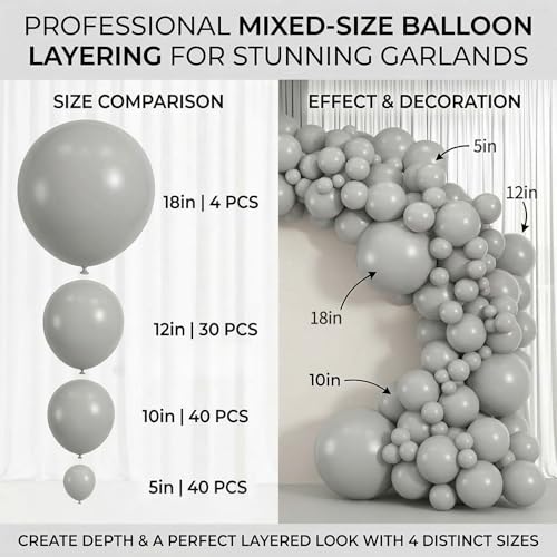 Image of Gray Balloons, 114pcs Different Sizes Matte Grey Balloon Arch Kit, 18 /12 /10 /5Inch for Birthday, Baby Shower, Anniversary, Graduation, Wedding, Party Decorations