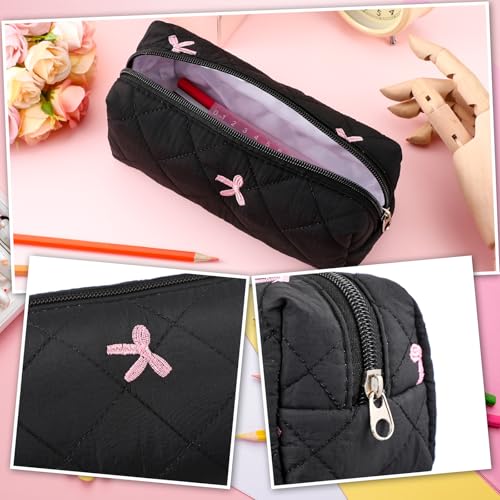 Image of Sherr Black Coquette Bow Pencil Case Pink Bow Cute Pencil Pouch Soft Cotton Storage Bag Aesthetic Pattern Gift Makeup Pouch Cosmetic Travel Bag for Women