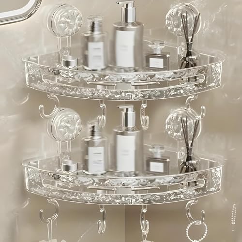 Image of Bathroom Corner Shelf for Wall with Strong Suction Cups - Transparent Acrylic Triangle Storage Rack with Utility Hooks, No-Drill Bathroom Organizer for Shampoo, Soap & Accessories (Round)