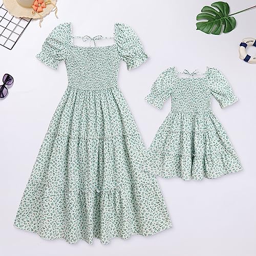 AWIBMK Mommy and Me Dress Summer Casual Floral Print Flutter Sleeve Ruffle Flowy Beach Hawaiian Vacation Dresses2