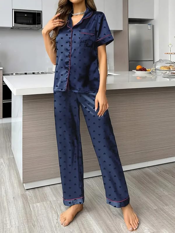 Image of Night Suit for Women with Full Sleeve Button-Down Top with Pant Dress for Woman,Night Dress for Woman, Two-Piece Loungewear Set