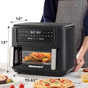 Elite gourmet eaf1055d dual zone air fryer oven 11qt capacity with divider sync finish dishwasher safe basket 10 preset functions 1600 watts with recipe booklet black  urban country home decor