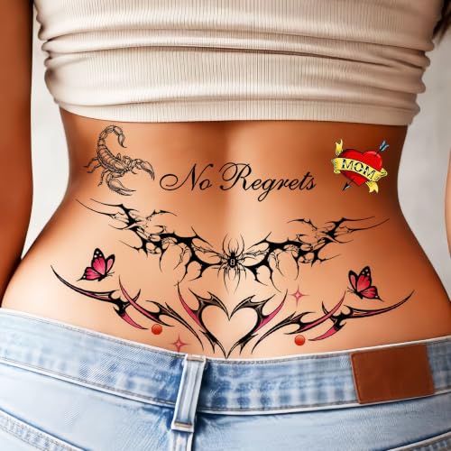 Image of 4 Sheets Y2K Barbed Wire Temporary Tattoos For Men Women Adults White Trash Bash Party Favors, Realistic NO RAGRETS Tramp Stamp Fake Thorns Tattoos Halloween Costume Heart Skull Tattoos Neck Stickers