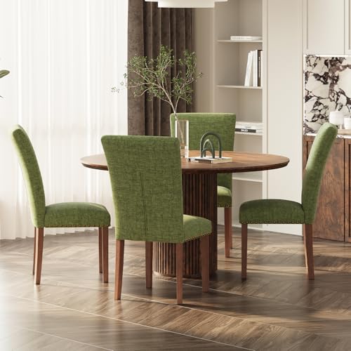Image of Farmhouse Dining Chairs Set of 4, High Back with Wooden Legs and Nailhead Trim, Modern Fabric Dining Room Chair for Kitchen /Restaurant