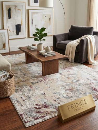 Image of 6x9 Feet (180x270 CM) Carpet for Living Room Hall & Bedroom - Burgundy Gold Modern Abstract Geometric Silk-Touch Luxury Hotel-Style Washable Anti-Skid Turkish Area Rug