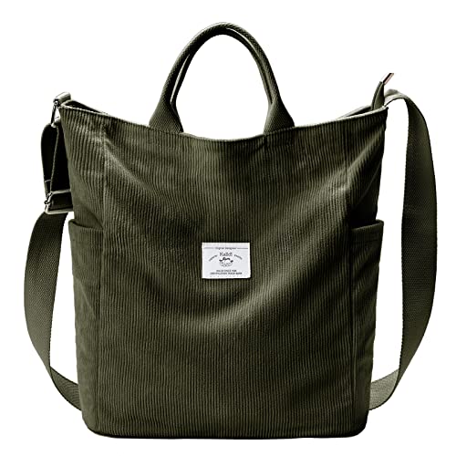 KALIDI torba ze sztruksu, duża torba kurierska na ramię, torba typu hobo, antyplamowa, torba crossbody, zamek błyskawiczny, swobodna, do pracy, na zakupy, dla kobiet, Zielony wojskowy, Large