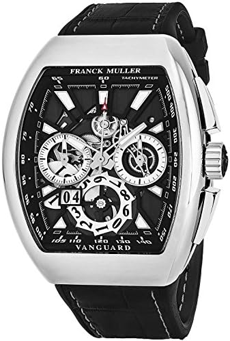 Vanguard Grande Date Mens Automatic Chronograph Watch - Tonneau Stainless Steel Skeleton Face with Luminous Hands and Sapphire Crystal - Black Band Swiss Made Automatic Watch for Men