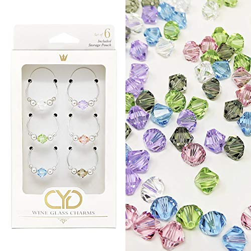 Swarovski Crystal Wine Charms / Drink Markers (Pastel Colors) Set of 6 - Wine Glass Charms by Claim Your Glass C.Y.G. - Storage travel pouch Included