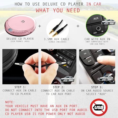 Image of Deluxe Products CD Player Portable with 60 Second Anti Skip, Stereo Earbuds, Includes Aux in Cable and AC USB Power Cable for use at Home or in Car. Pink
