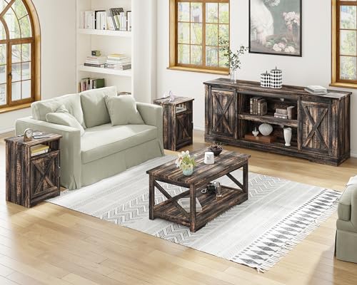image for AMERLIFE 4-Piece Farmhouse Table Set Includes Sliding Barn Door TV Sta