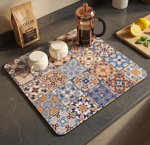 Image of HomeCloud Dish Drying Mat for Kitchen Counter - Super Absorbent, Non-Slip & Heat-Resistant - Quick Dry Rack Pad for Dishes, Utensils, Coffee Maker - Stain-Hiding Design (Blue Orange, 40x50cm)