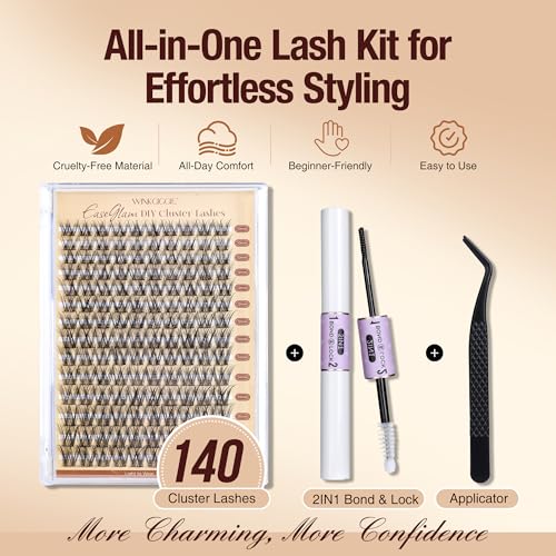 Image of Cluster Lashes Kit, Wispy Natural D Curl Lashes, 10-16mm | Includes Bond and Seal, Includes Tweezers, 140pcs, Lash Clusters Kit